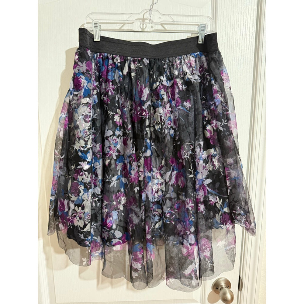 Floral Mesh A-Line Skirt in Black and Purple